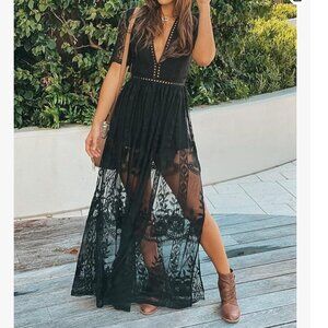 Eleter Womens Black Deep V-Neck Lace Romper Short Sleeve Long Dress-Size S